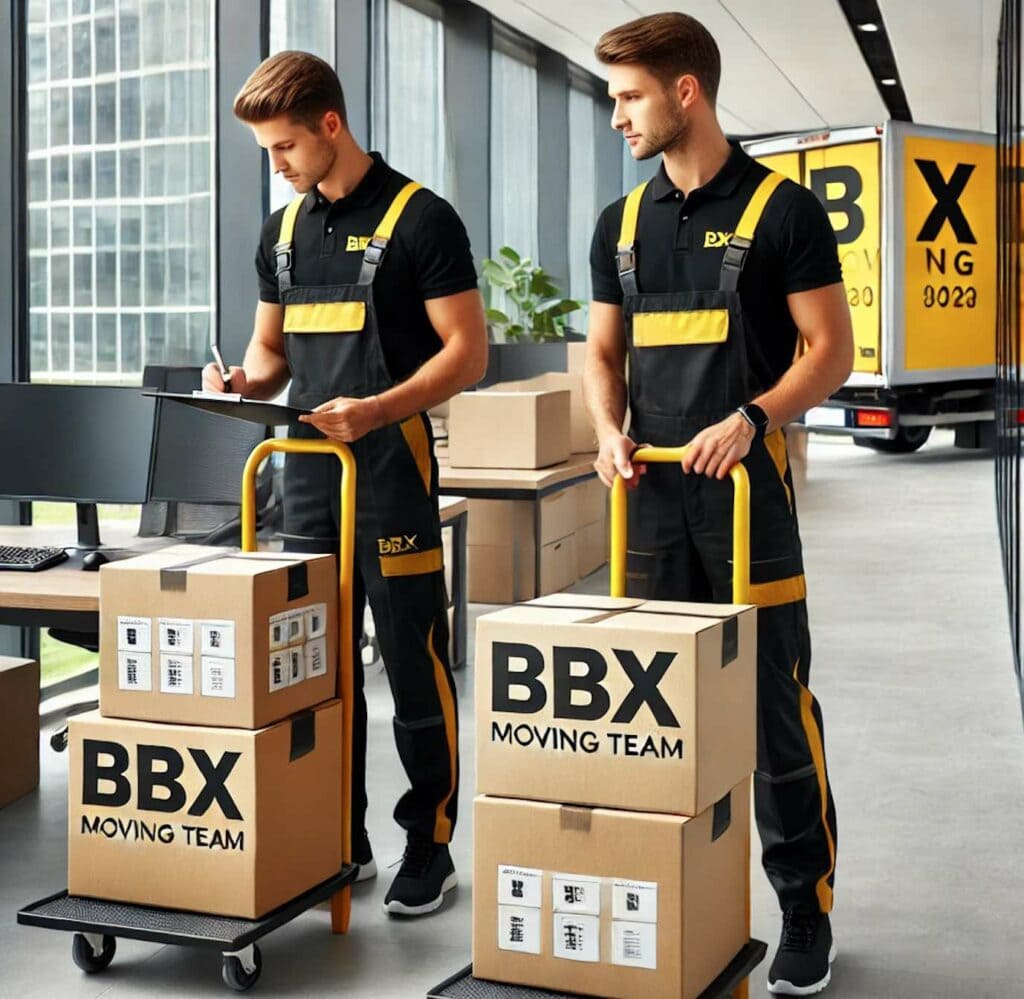 Two movers in matching uniforms handle boxes labeled "BBX Moving Team" in a modern office setting with large windows, expertly managing commercial moves for Vancouver businesses.